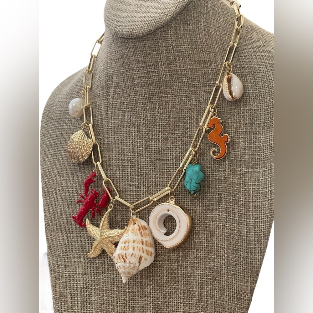 Summer at the Beach Charm Necklace Gold Paperclip Chain OOAK